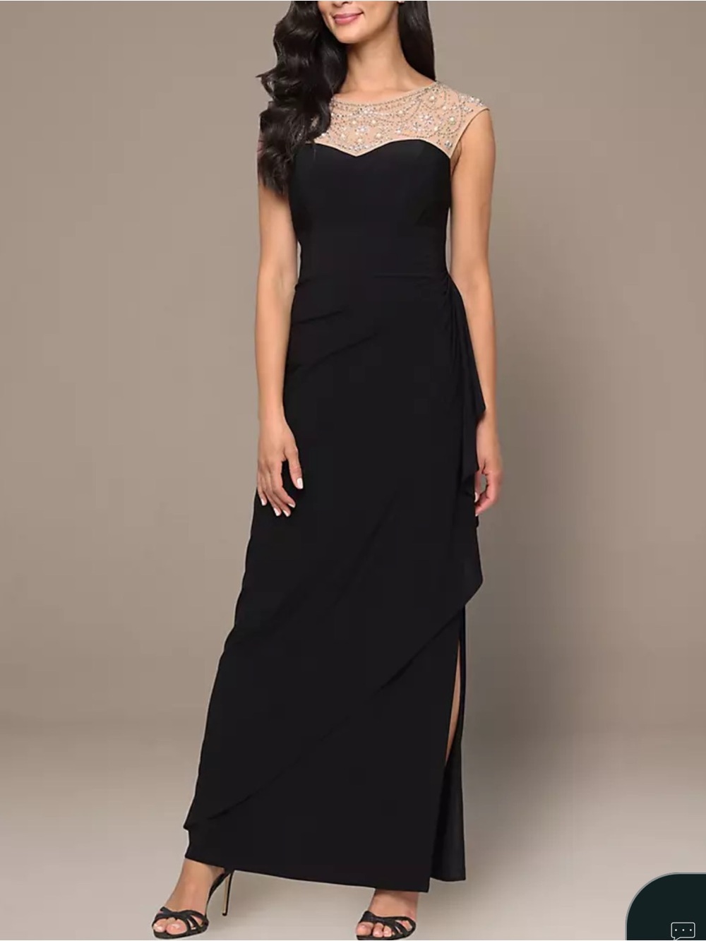 Alex Evenings Black Maxi Gown with Beaded Illusion Yoke